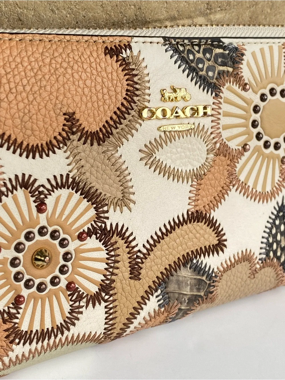 Coach Studded Floral Swagger Floral  Zip Wallet in Cream and Tan
